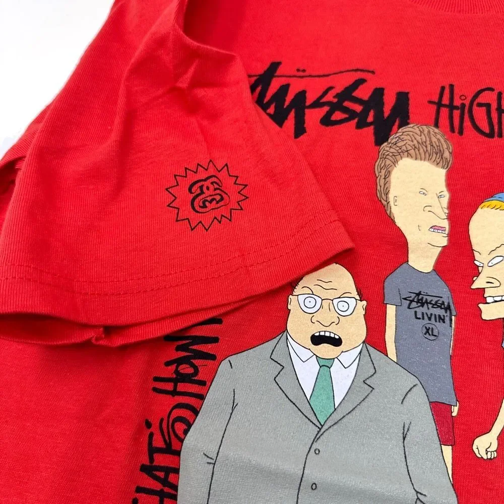 STUSSY‎ X BEAVIS & BUTT-HEAD Red Graphic Highland High T-Shirt NEW W/O TAG Small